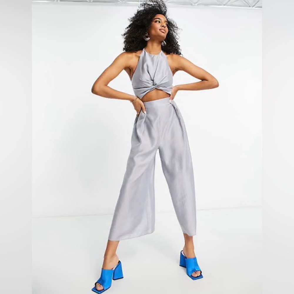 ASOS DESIGN twist front wide leg jumpsuit in silver grey